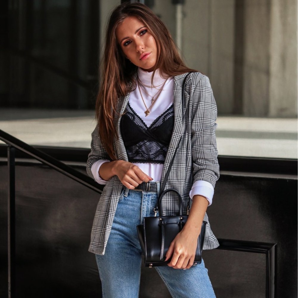 Relaxed, Casual Glen Plaid Blazer (3/4 Sleeves)
